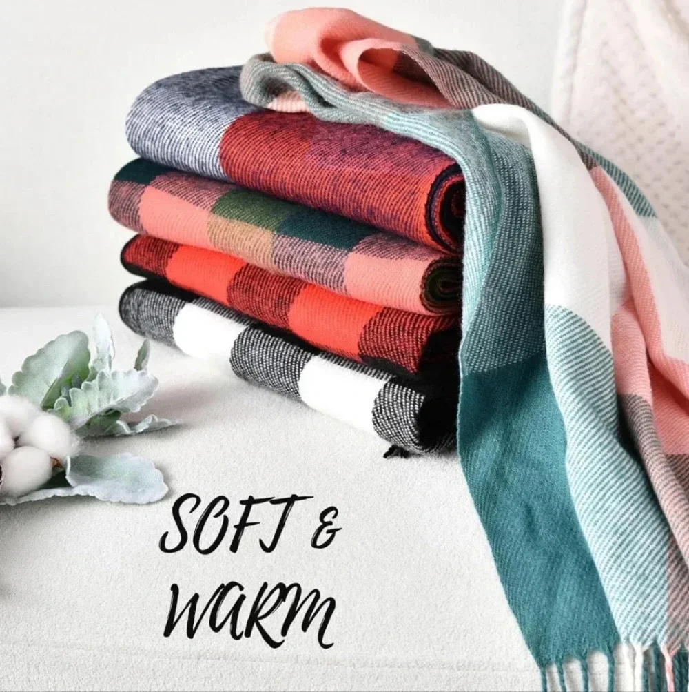 Womens Winter Scarf, Fashion Cashmere Feel Plaid Scarfs for Women, Pashmina Shaw